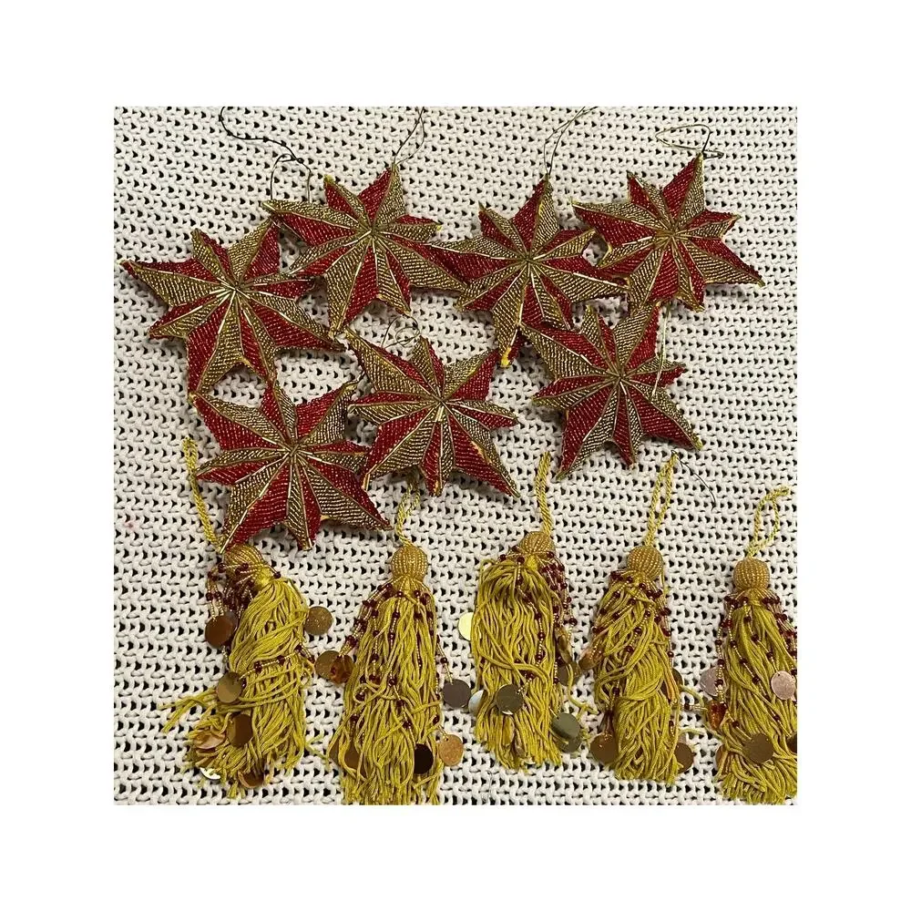 Vintage Art Deco Beaded Star Tassel Christmas Ornaments Gold Red Sparkles Set